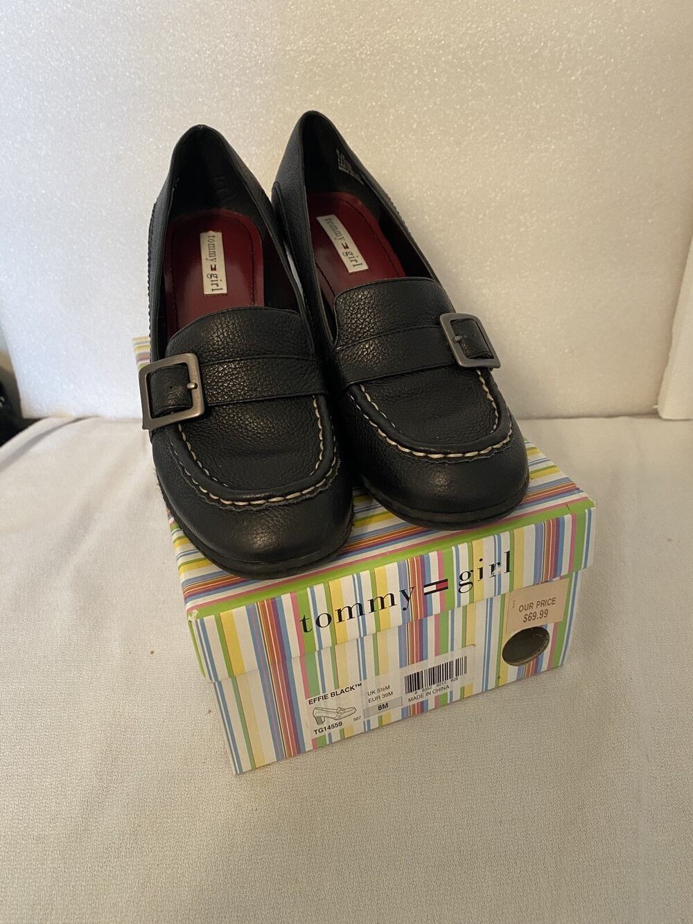 Tommy Girl Hilfiger Women's 8M Black Leather Block Heel Loafer Shoes Slip On